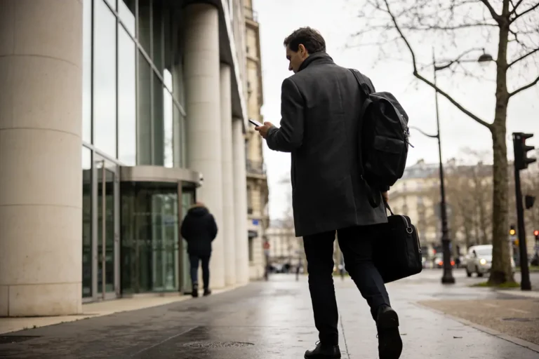 Homme en manteau sombre marche sur trottoir, regardant son téléphone, devant un bâtiment moderne vitré.