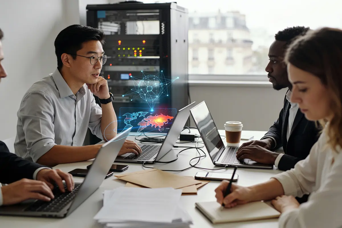Groupe de personnes travaillant sur des ordinateurs portables, avec graphique holographique de réseau mondial.