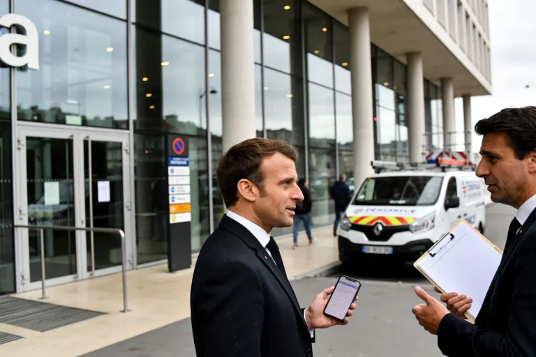 Deux hommes discutent devant un bâtiment moderne avec vitres, camion et trottoir. L'un tient un téléphone.