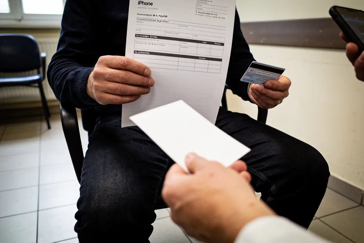 Personne tenant document imprimé et carte d'identité, discutant avec interlocuteur dans une salle d'attente.