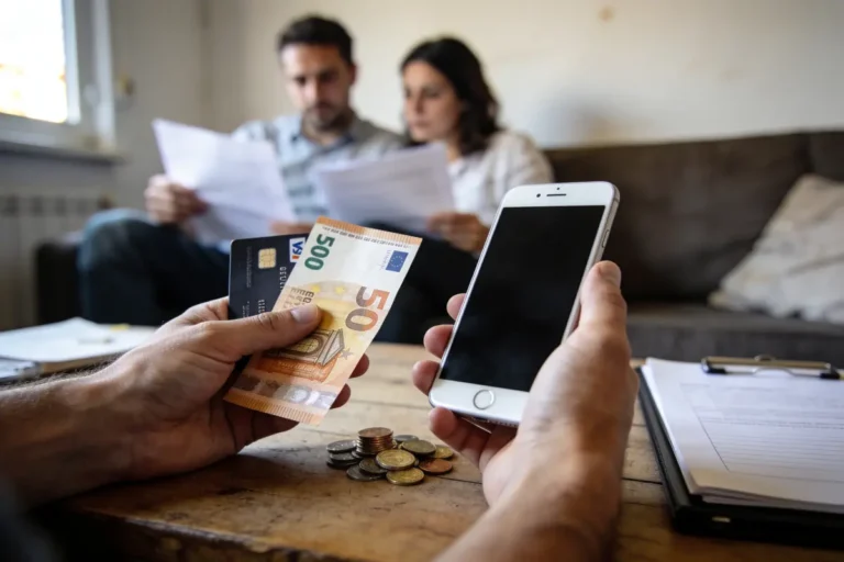 Personne tenant smartphone, billet, carte; couple flou à l'arrière-plan examinant des documents, table avec pièces.