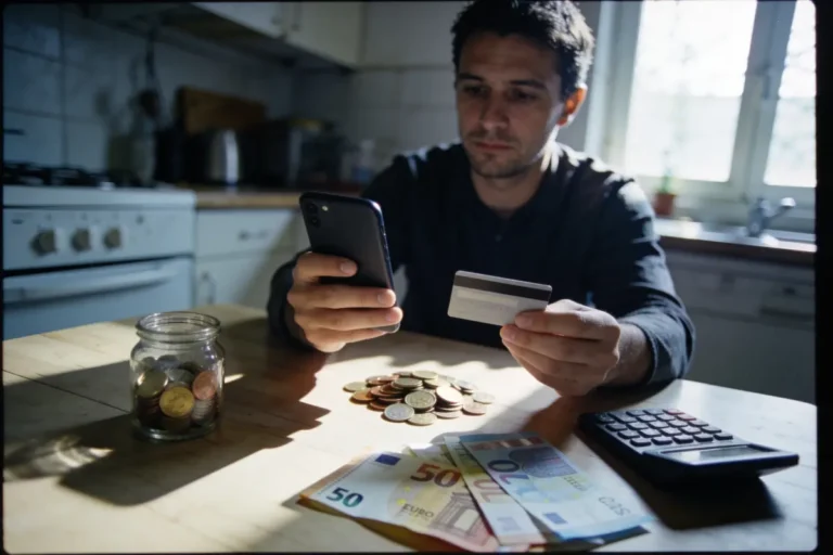 Homme vérifie finances avec smartphone et carte bancaire, billets et pièces sur table, calculatrice à proximité.
