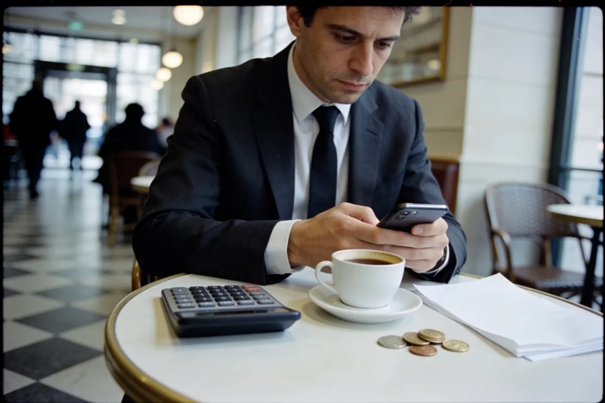 Homme en costume utilisant téléphone portable, avec café, calculatrice et pièces de monnaie sur table de café.