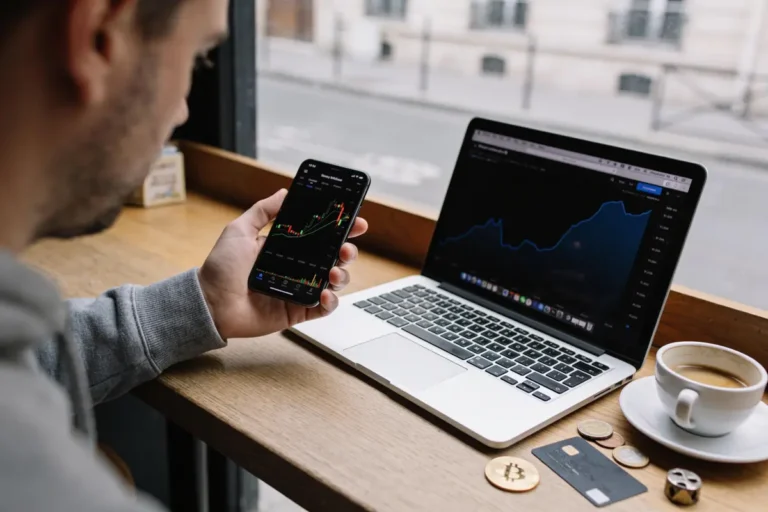 Homme consultant graphiques financiers sur smartphone et ordinateur portable dans un café, avec café et accessoires.
