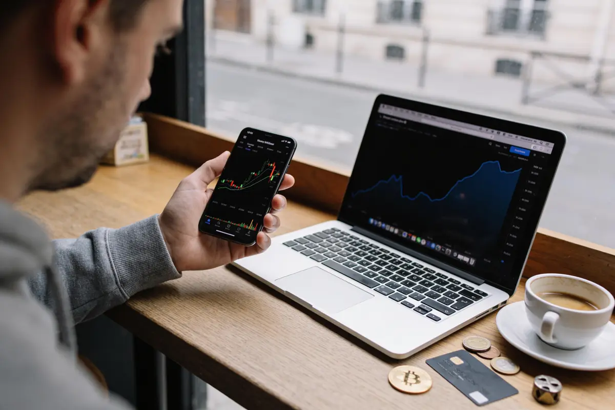 Homme consultant graphiques financiers sur smartphone et ordinateur portable dans un café, avec café et accessoires.