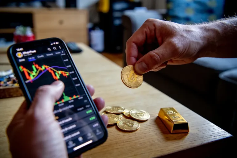 Main tenant un smartphone affichant graphique, pièces de bitcoin et lingot d'or posés sur une table en bois.