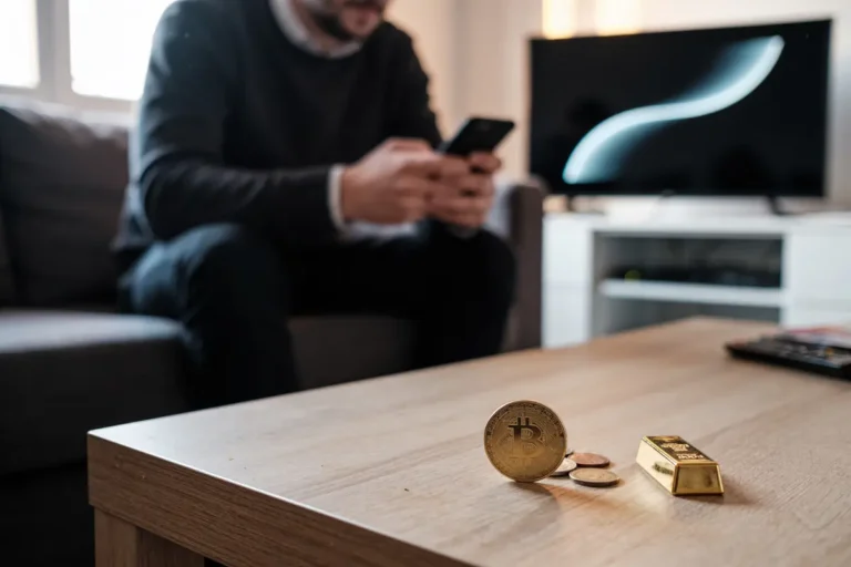 Homme utilisant smartphone, table avec pièce Bitcoin, petites pièces, lingot d'or, télévision en arrière-plan.