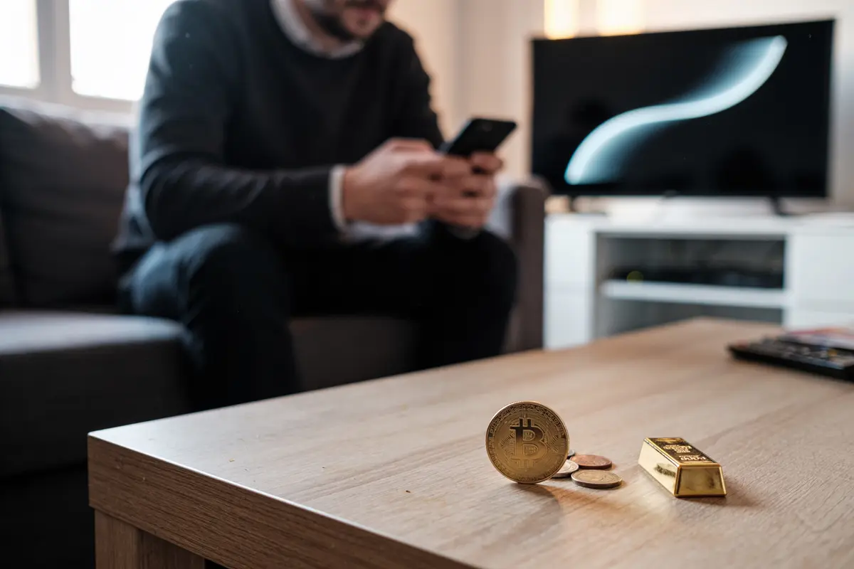 Homme utilisant smartphone, table avec pièce Bitcoin, petites pièces, lingot d'or, télévision en arrière-plan.