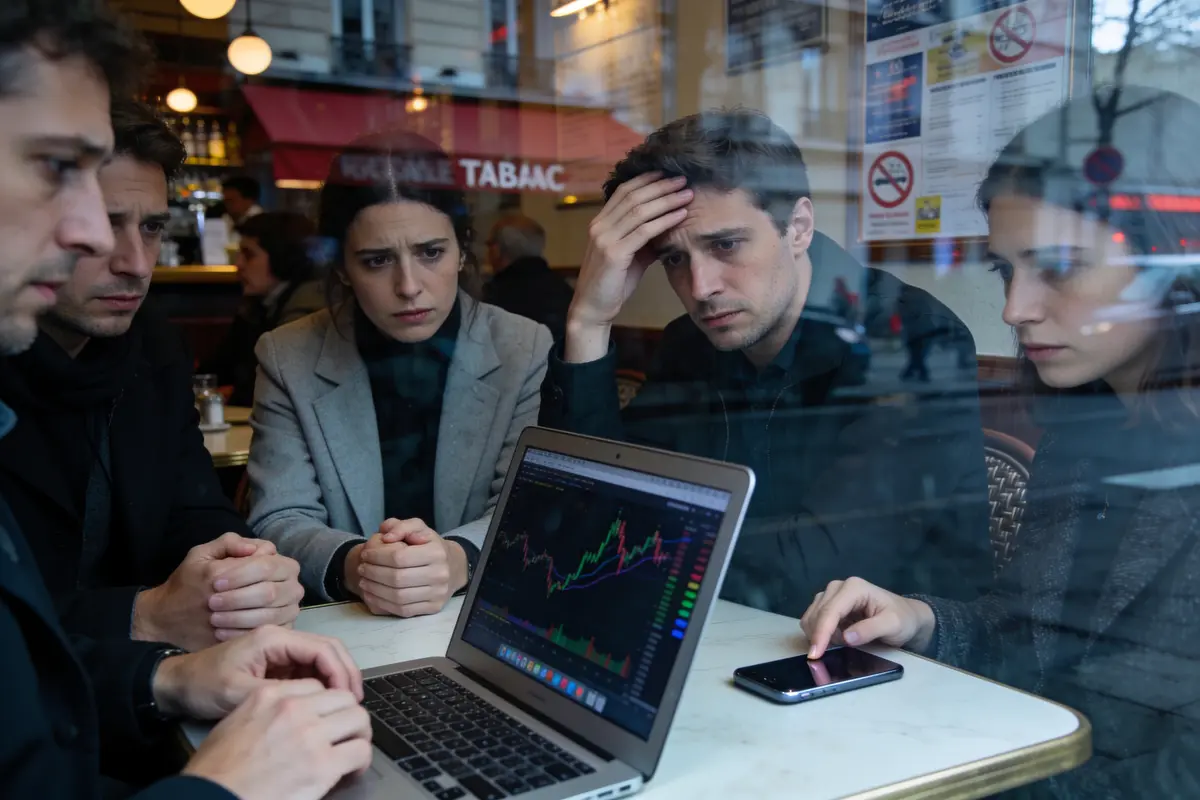 Cinq personnes préoccupées regardent un graphique boursier sur ordinateur portable dans un café parisien.