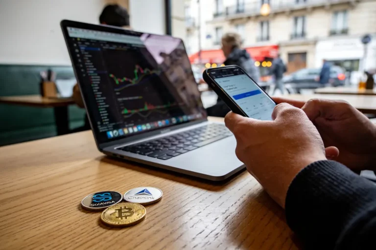 Ordinateur portable affichant graphiques financiers, homme utilisant smartphone, pièces Solana, Bitcoin, Chainlink sur une table.