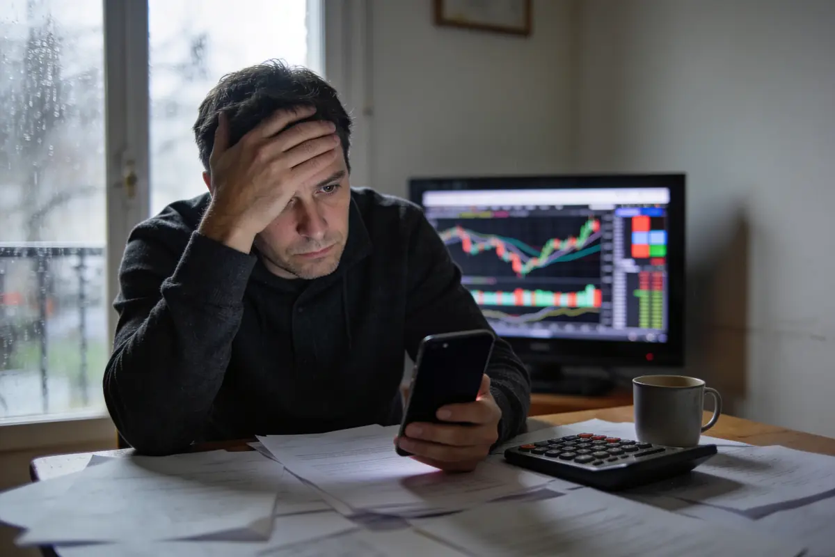 Homme stressé, calculatrice et papiers, regarde téléphone devant graphique financier à l'écran. Pluie dehors.