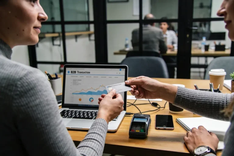 Deux personnes échangent une carte autour d'un ordinateur portable affichant des données B2B et un terminal de paiement.