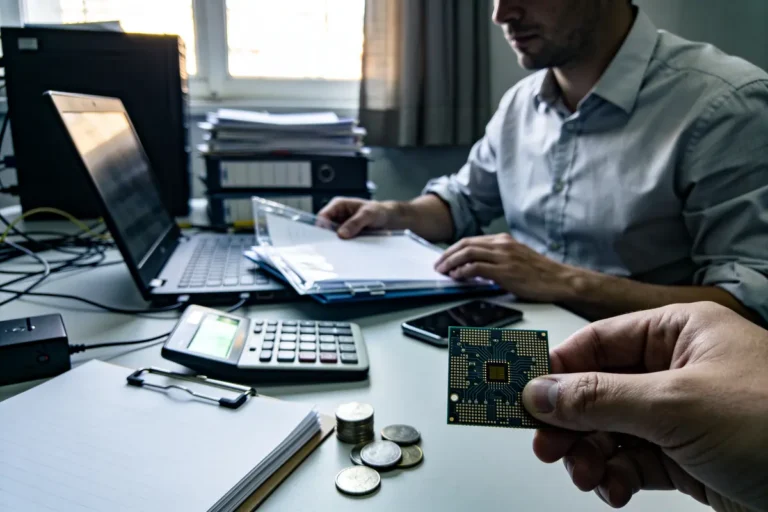 Un homme au bureau travaille, examine des documents et tient une puce électronique. Calculatrice et pièces visibles.
