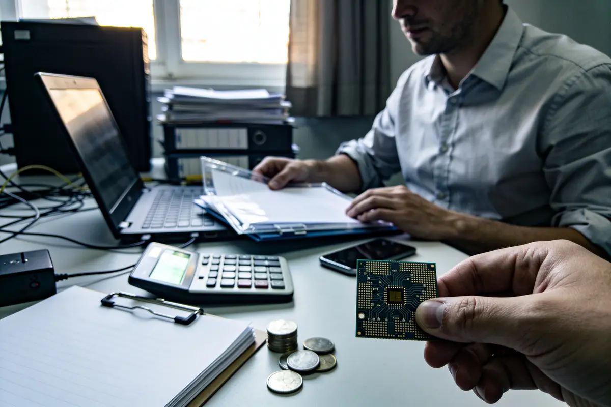 Un homme au bureau travaille, examine des documents et tient une puce électronique. Calculatrice et pièces visibles.