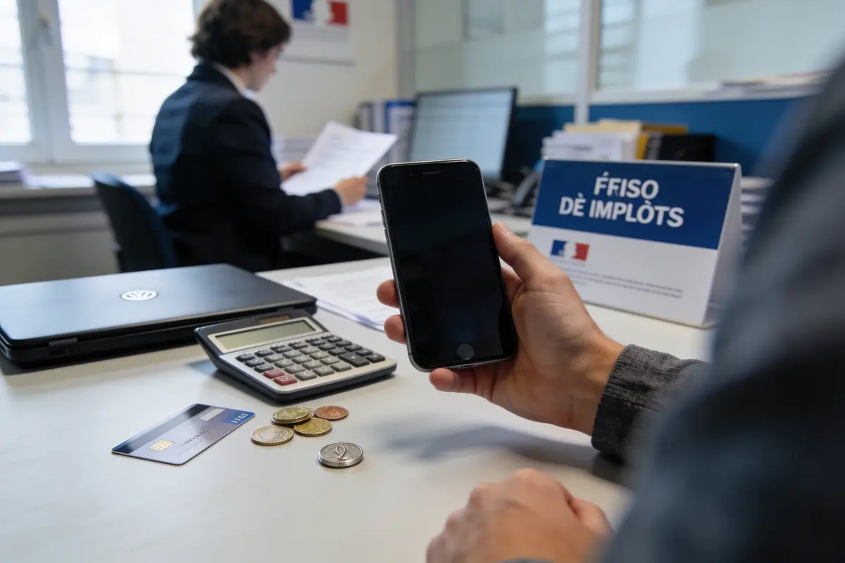 Personne consultant smartphone, bureau administratif, calculatrice, pièces, carte bancaire, panneau "FRISO DE IMPÔTS", documents, ordinateur portable.