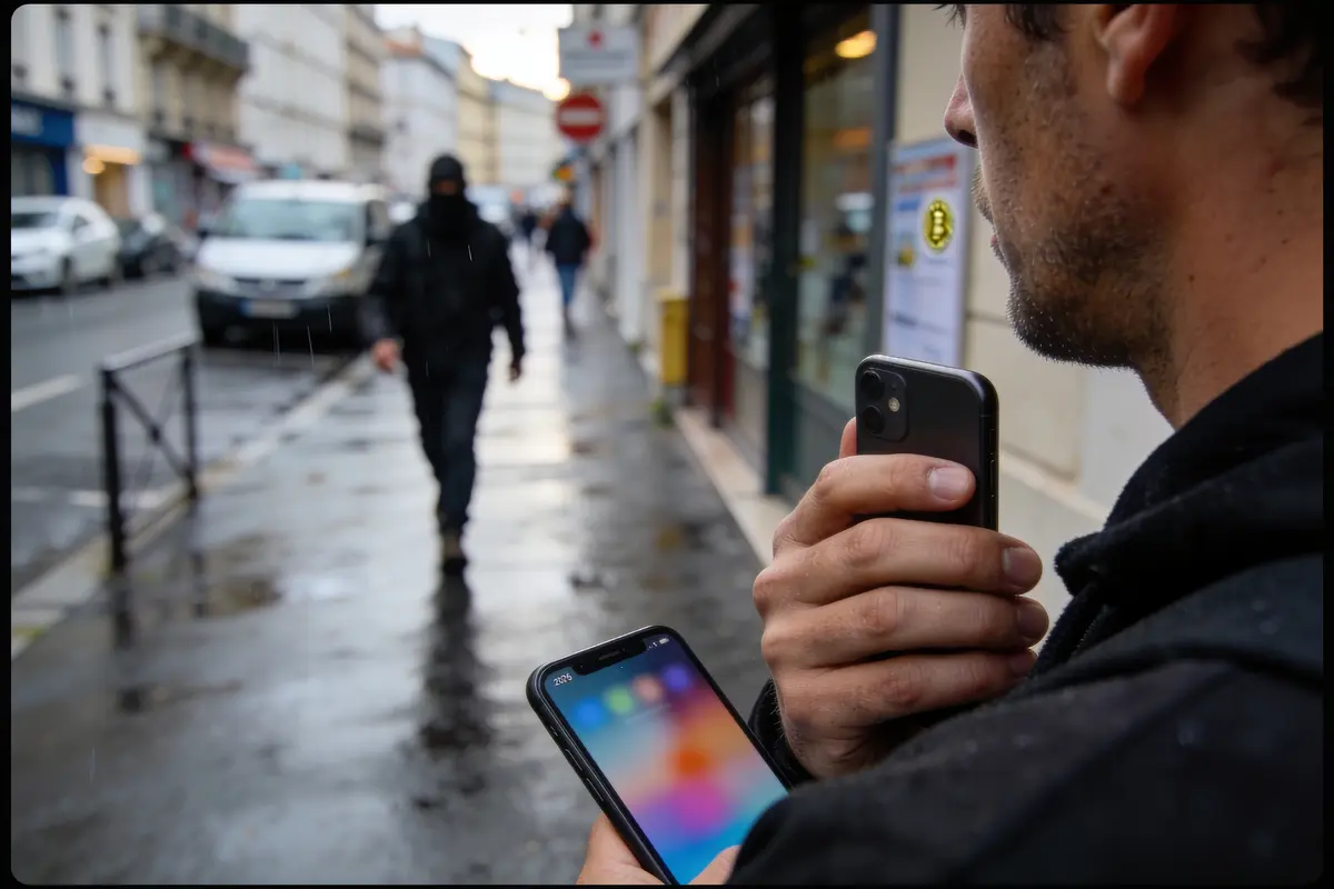 Un homme tient deux smartphones, marchant sous la pluie dans une rue urbaine.