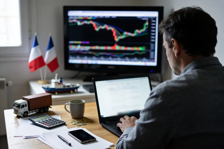 Un homme travaille sur un ordinateur portable avec graphiques boursiers, drapeau français et maquette sur le bureau.
