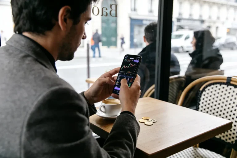 Homme consultant des graphiques financiers sur smartphone, café et crypto-monnaies sur table de café.