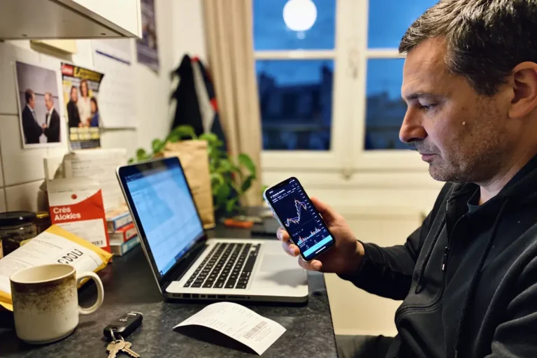 Un homme vérifie des graphiques boursiers sur un smartphone et un ordinateur portable, dans un bureau à domicile.