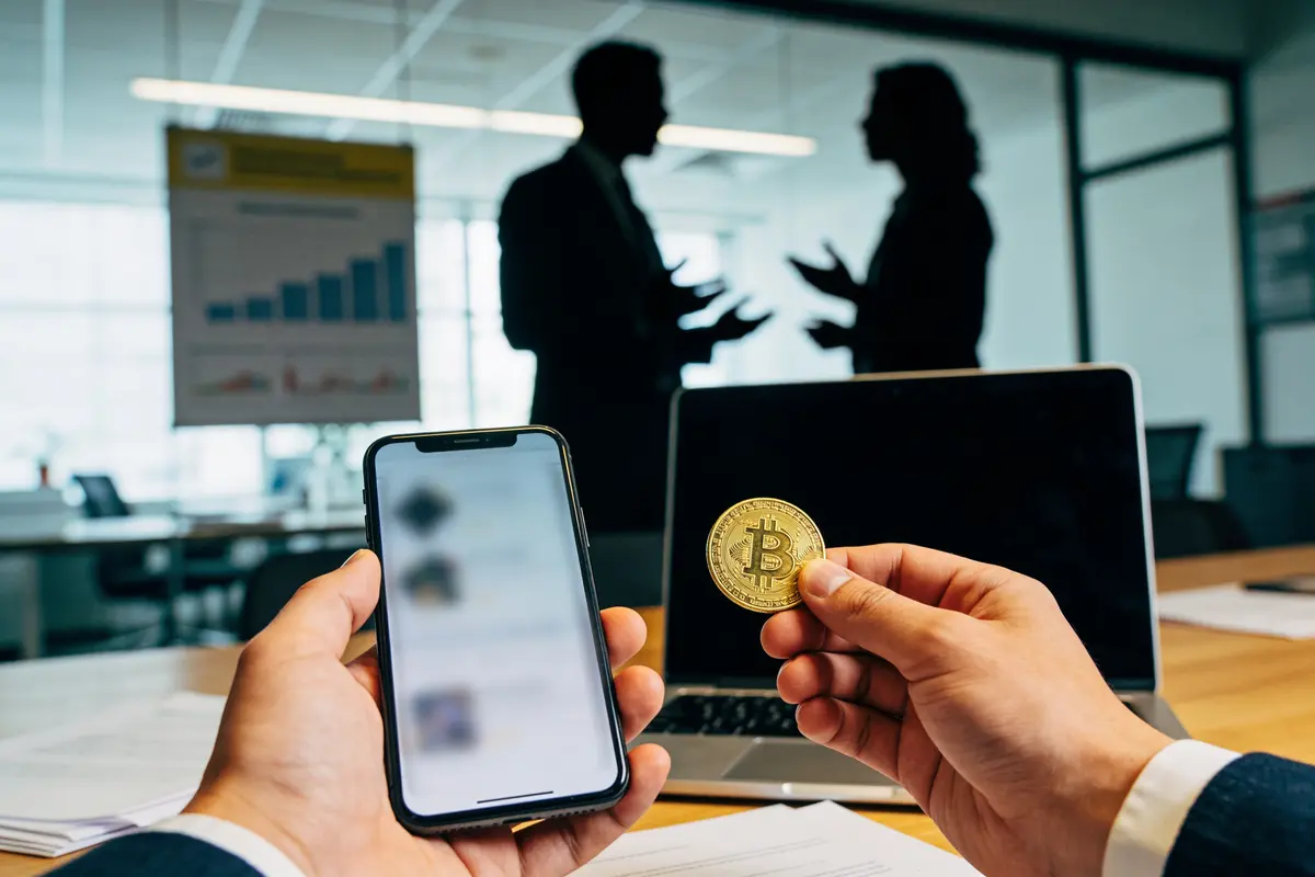 Phoning holding cryptocurrency coin, laptop background with business meeting silhouettes and chart.