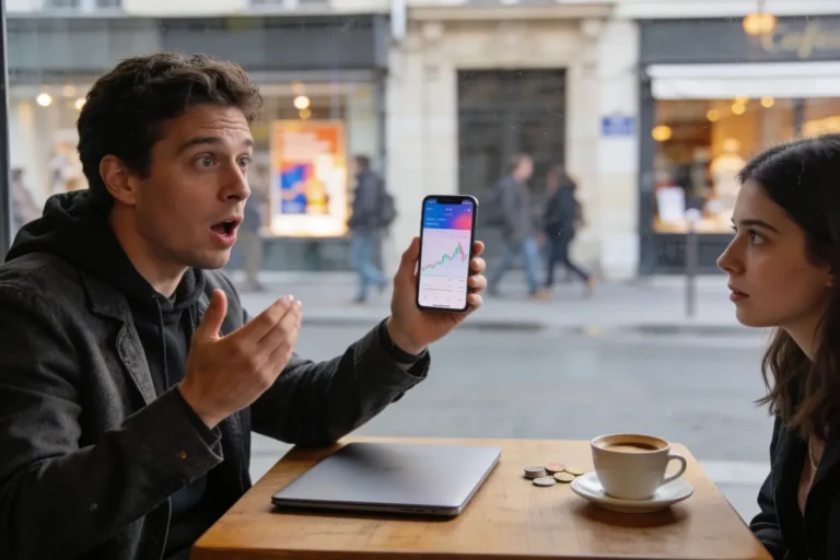 Deux personnes discutent dans un café, une montre un graphique sur un smartphone.