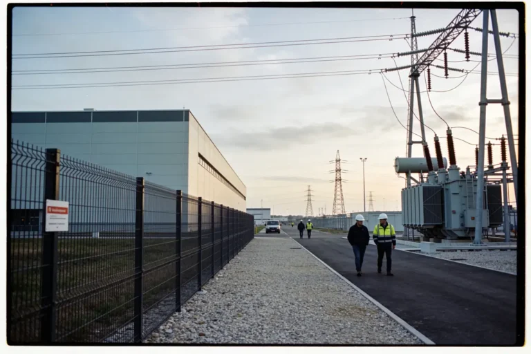 Des personnes marchant près d'une sous-station électrique, bâtiments industriels et pylônes électriques au crépuscule.