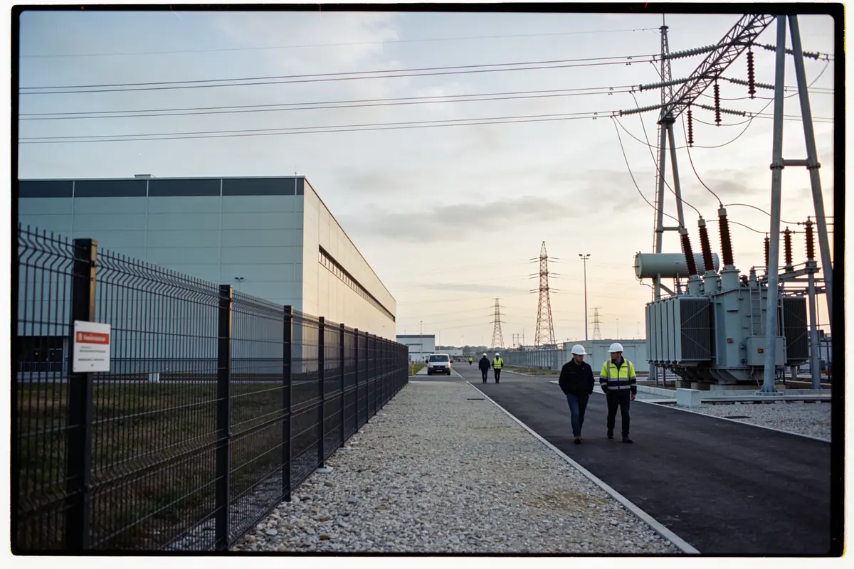 Des personnes marchant près d'une sous-station électrique, bâtiments industriels et pylônes électriques au crépuscule.