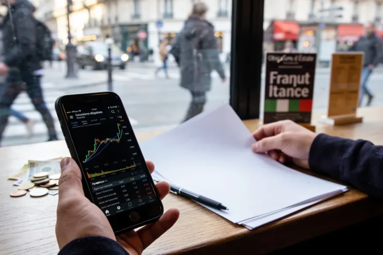 Personne consultant graphique boursier sur smartphone, avec documents, stylos et rue animée en arrière-plan.
