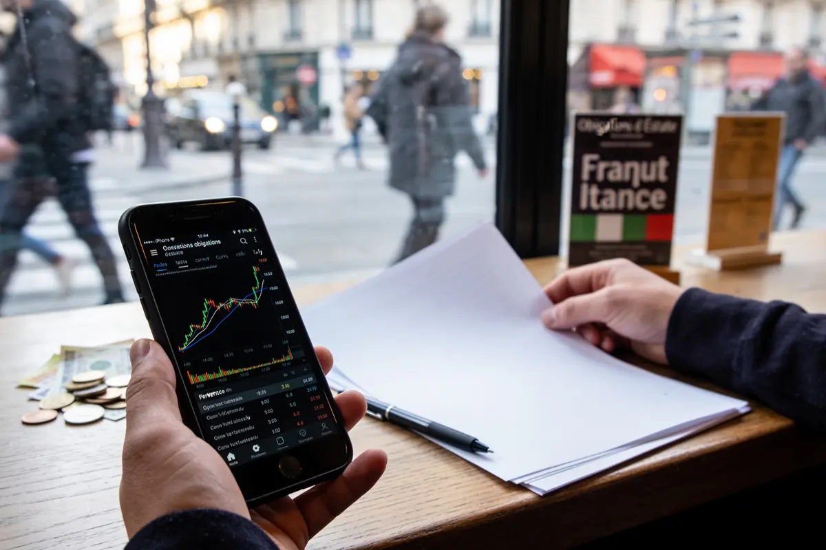 Personne consultant graphique boursier sur smartphone, avec documents, stylos et rue animée en arrière-plan.