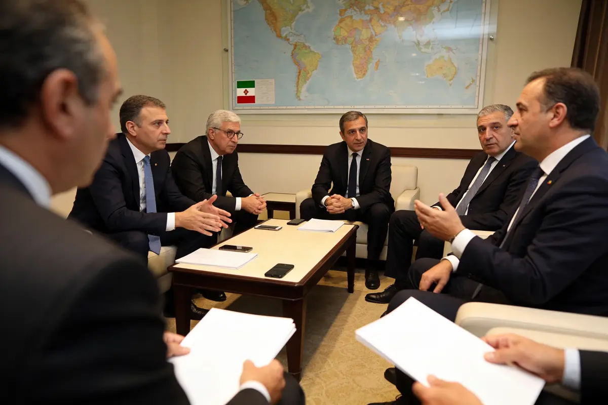 Six hommes en costume discutent autour d'une table avec documents, devant carte du monde et drapeau.