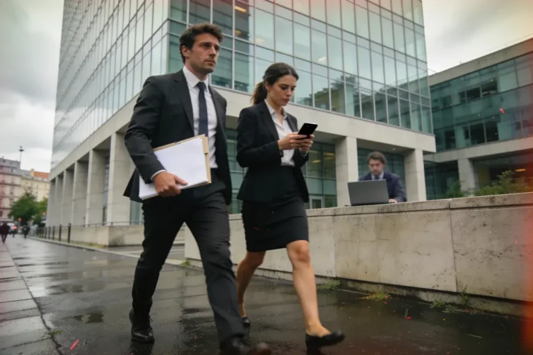 Deux personnes en costumes marchent rapidement, tenant téléphone et dossiers. Bureau en arrière-plan. Temps couvert.