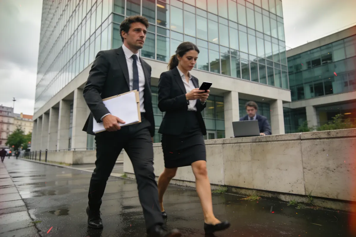 Deux personnes en costumes marchent rapidement, tenant téléphone et dossiers. Bureau en arrière-plan. Temps couvert.