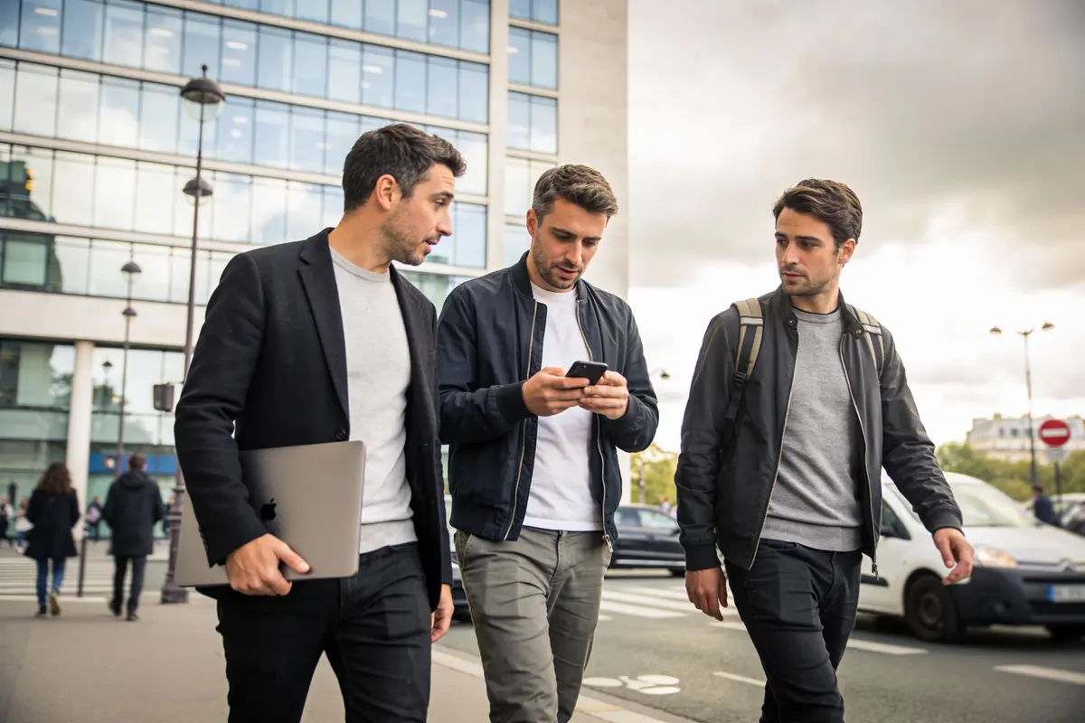 Trois hommes marchent en discutant, l'un tenant un téléphone, l'autre un ordinateur portable, en ville.
