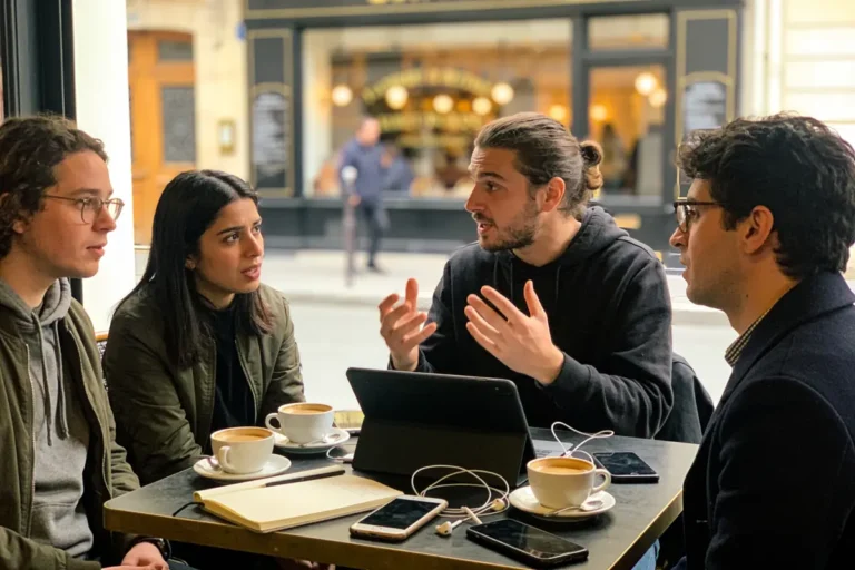 Quatre personnes discutant autour d'une table avec café et appareils électroniques dans un café.