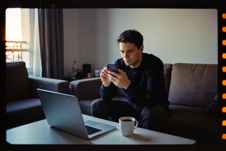 Homme concentré utilisant smartphone, ordinateur portable et tasse de café sur table, salon confortable.
