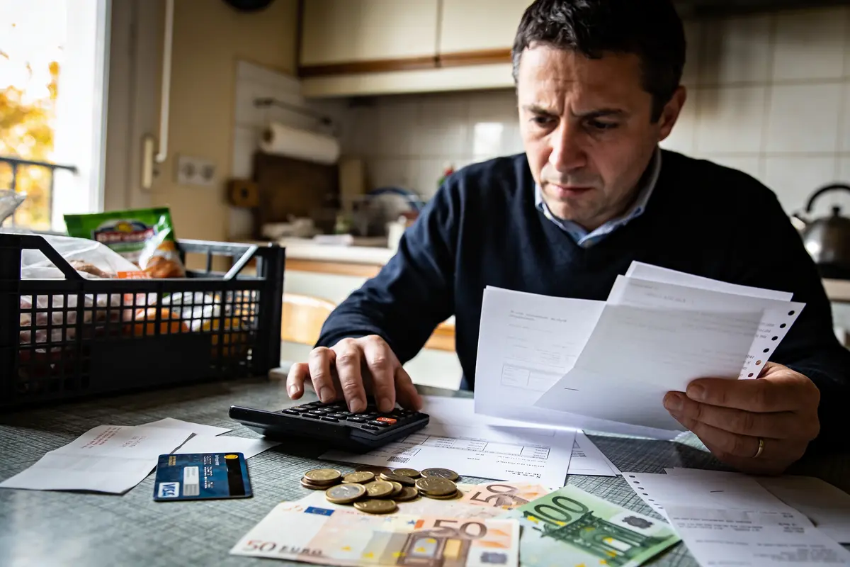 Homme utilisant calculatrice, factures, pièces et billets d'euros sur la table d'une cuisine.