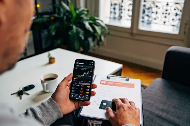 Homme regardant graphique boursier sur smartphone, assis avec café, document et carte bancaire sur table blanche.
