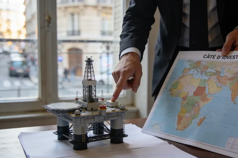 Maquette de plateforme pétrolière sur table, personne en costume pointant, carte du monde à droite.
