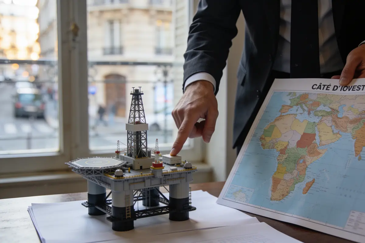 Maquette de plateforme pétrolière sur table, personne en costume pointant, carte du monde à droite.