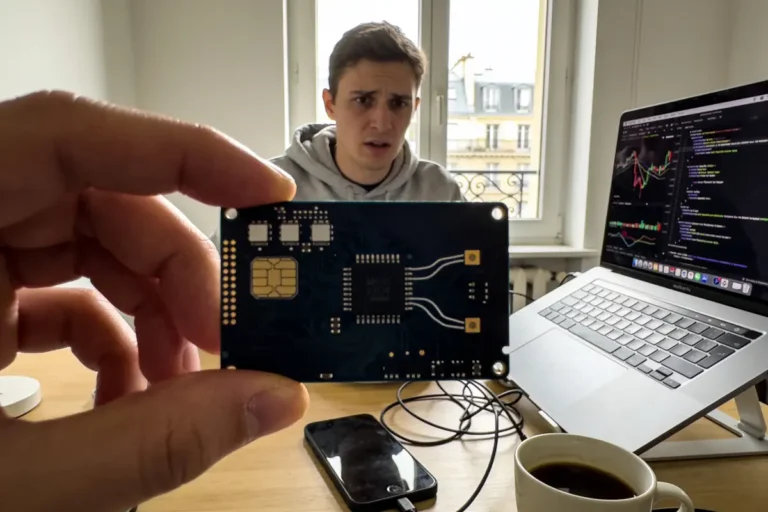 Homme perplexe, circuit imprimé, ordinateur portable, graphiques, café, smartphone, intérieur, fenêtre, bureau, journée.