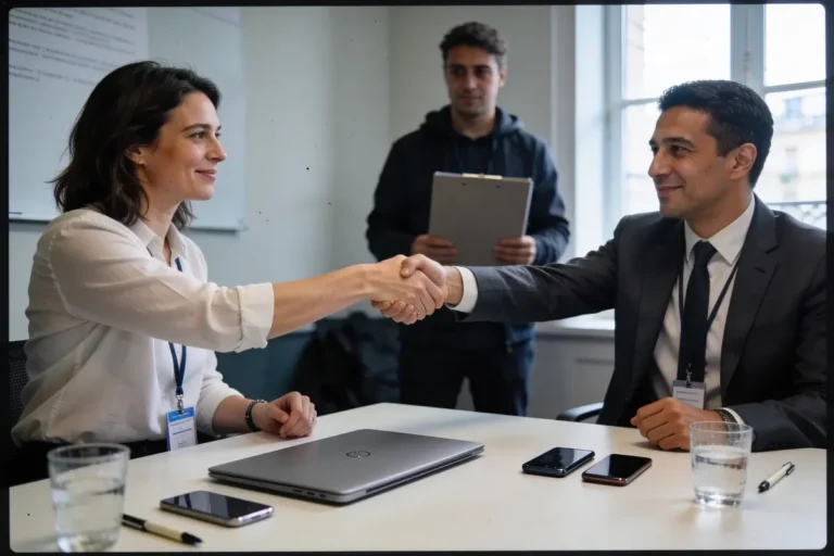 Deux personnes se serrent la main lors d'une réunion professionnelle, avec un observateur tenant un clipboard.