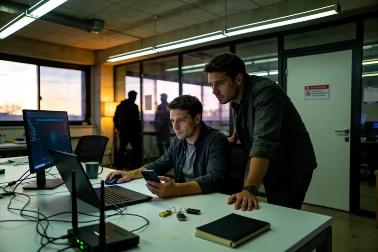 Deux hommes travaillent concentrés sur ordinateur, dans un bureau moderne, éclairé par le coucher de soleil.