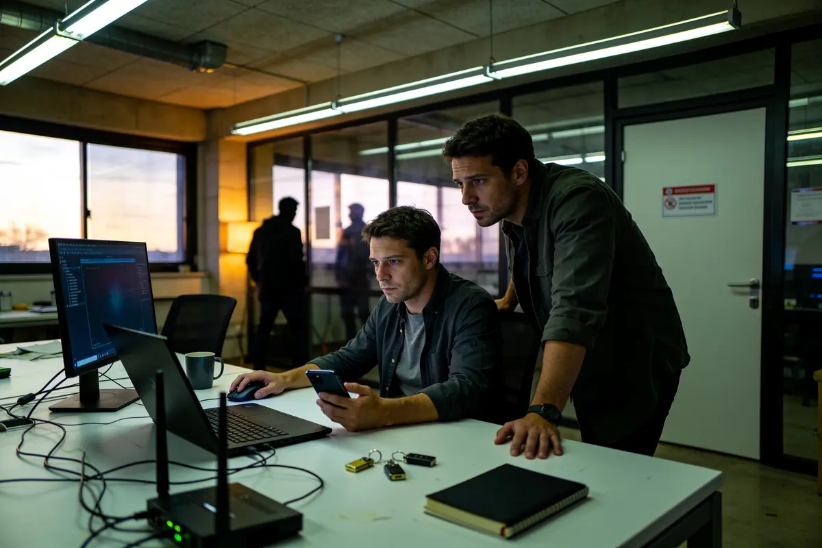 Deux hommes travaillent concentrés sur ordinateur, dans un bureau moderne, éclairé par le coucher de soleil.