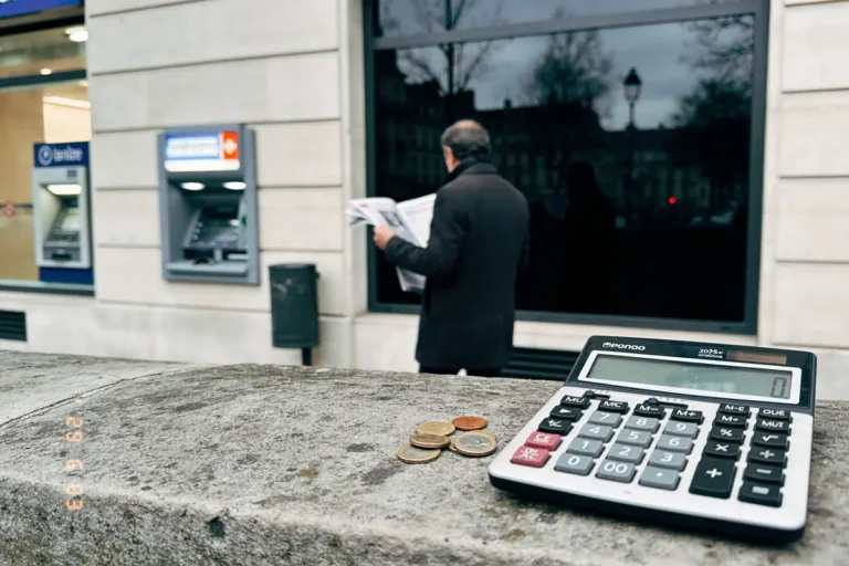 Calculatrice et pièces sur muret, homme lisant journal devant distributeur automatique de banque.