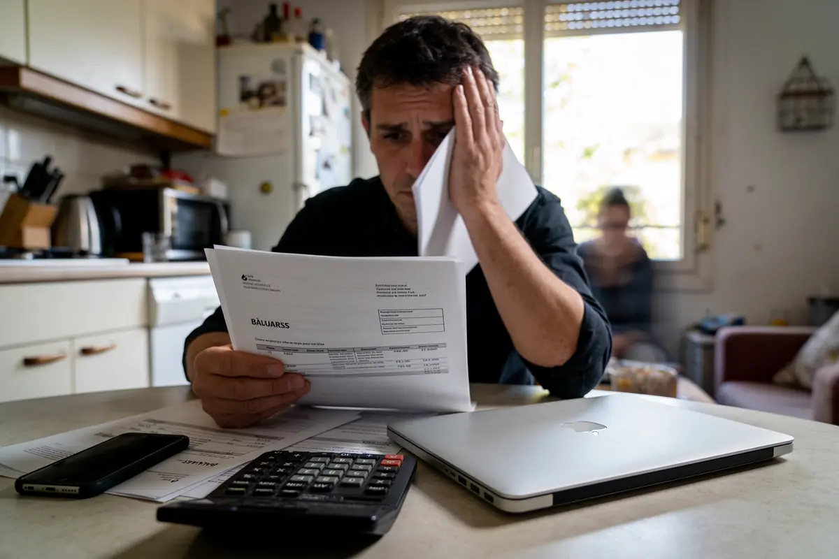 Un homme préoccupé consulte des factures à table, avec ordinateur, calculatrice et téléphone.