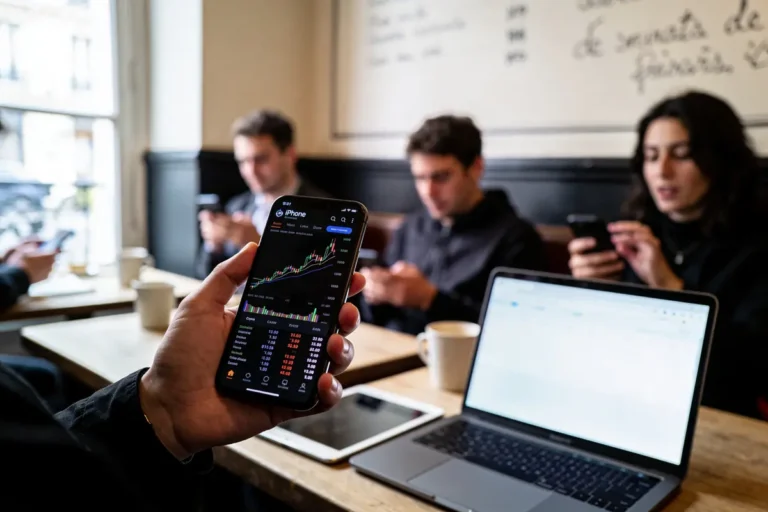 Personnes dans un café, utilisant smartphones avec graphique boursier, ordinateur portable sur la table.