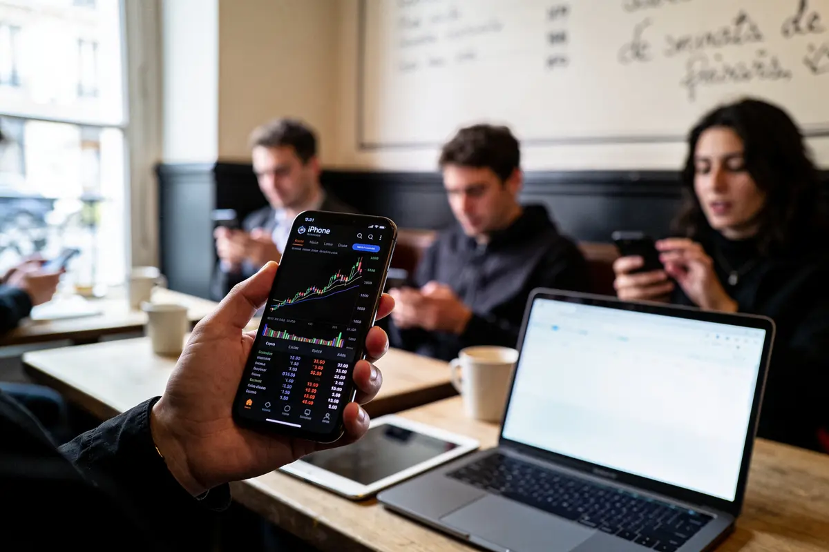 Personnes dans un café, utilisant smartphones avec graphique boursier, ordinateur portable sur la table.