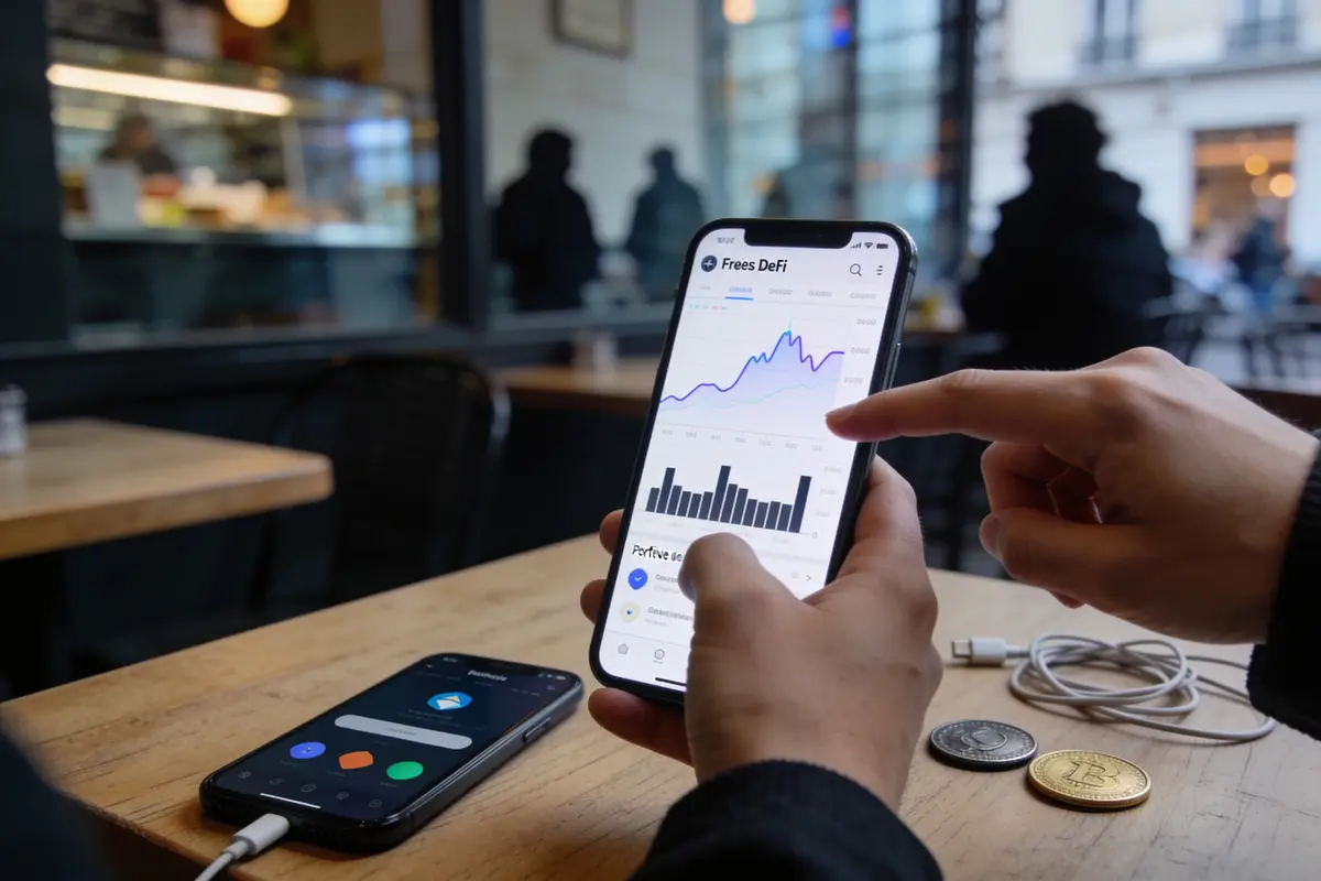 Personne utilisant smartphone pour suivre graphique financier, table en bois avec pièces et câble, arrière-plan flou.