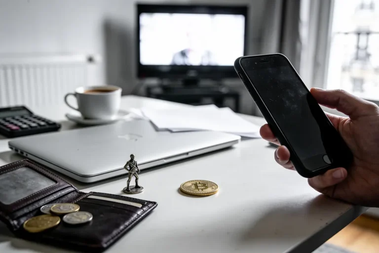 Main tenant smartphone, bureau avec portefeuille, pièces, ordinateur portable, tasse de café, calculatrice, télévision en arrière-plan.