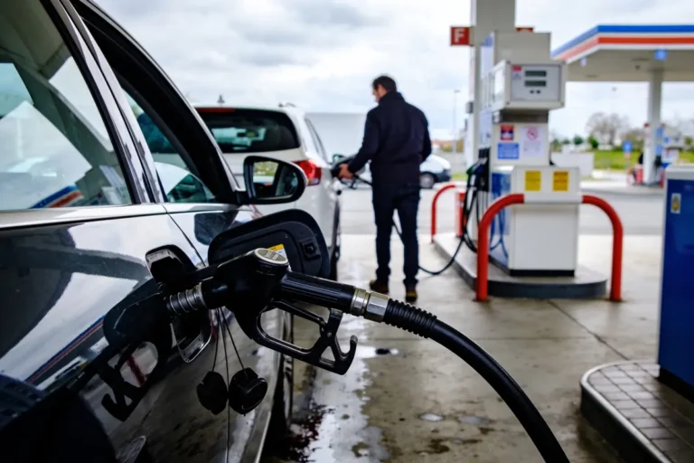 Station-service avec pompe à essence remplissant une voiture noire, homme en arrière-plan.